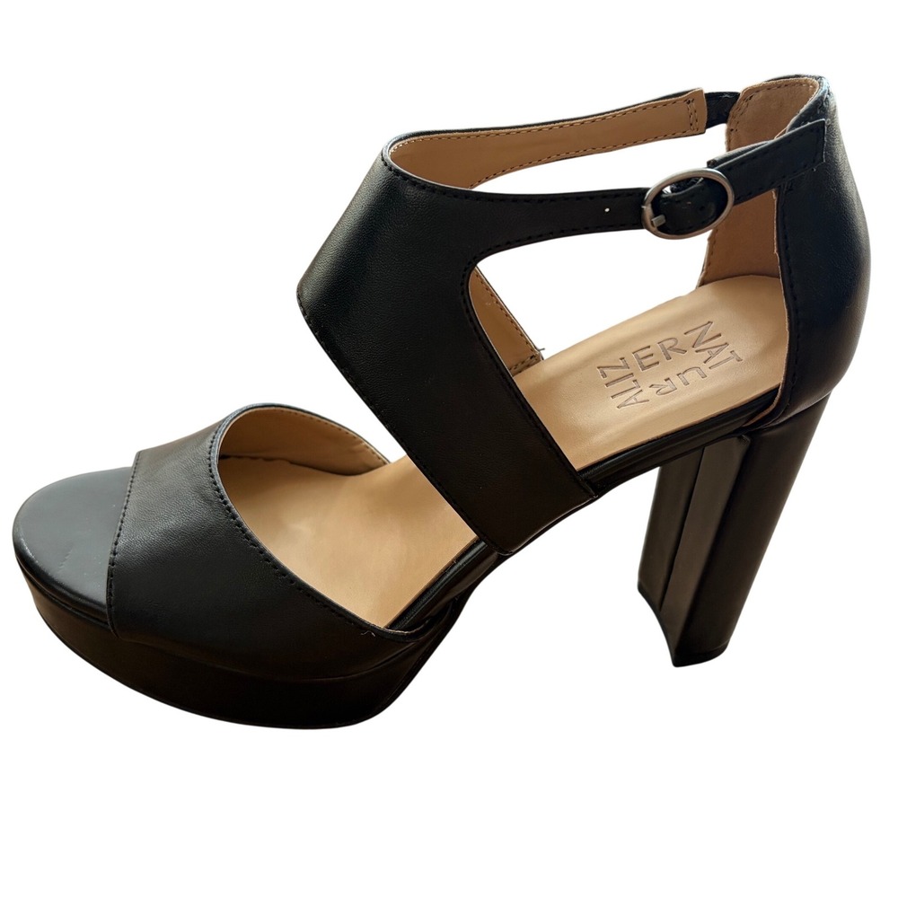 Naturalizer Mae Black Leather Platform Block Heel Sandals Womens 7.5M Open Toe